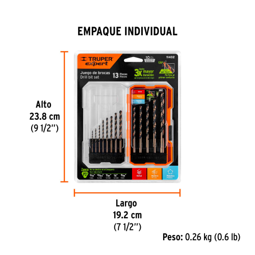 JUEGO DE 13 BROCAS HSS PARA METAL EN ESTUCHE, TRUPER EXPERT 11402