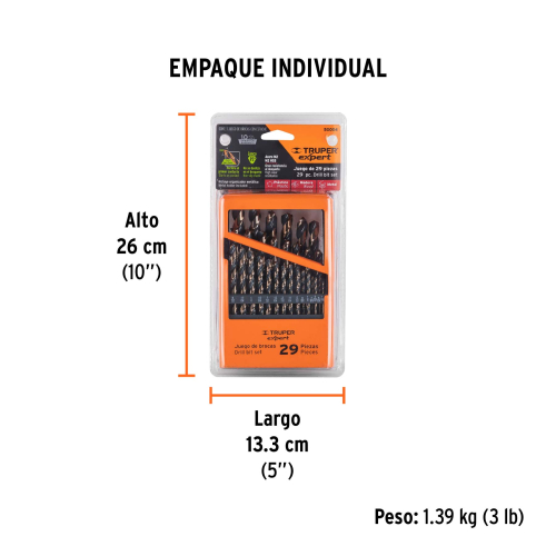 JUEGO DE 29 BROCAS HSS PARA METAL EN ESTUCHE, TRUPER EXPERT 50004