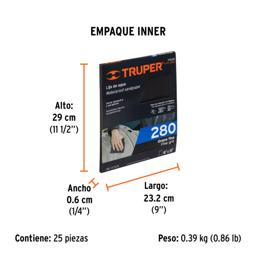 LIJA DE AGUA GRANO 280 DE CARBURO DE SILICIO, TRUPER 11625