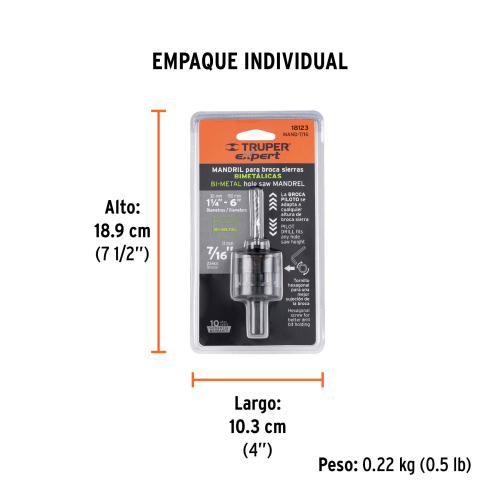 MANDRIL ZANCO 7/16" PARA BROCASIERRAS BIMETÁLICAS, EXPERT TRUPER 18123