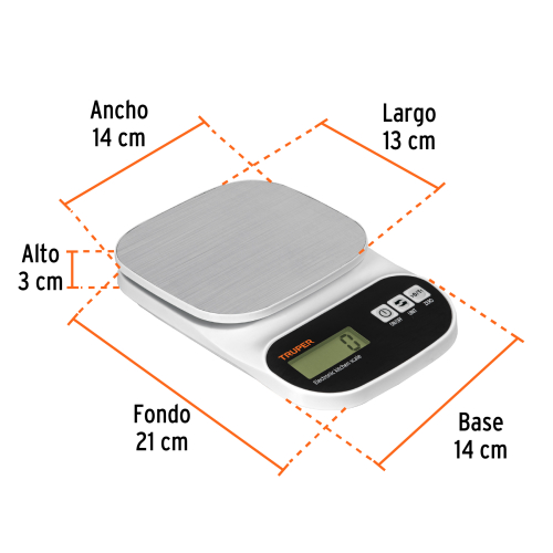 BÁSCULA DIGITAL PARA COCINA, PLATO DE ACERO INOX,5KG, TRUPER 103116