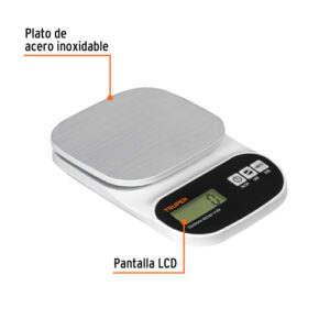 BÁSCULA DIGITAL PARA COCINA, PLATO DE ACERO INOX,5KG, TRUPER 103116