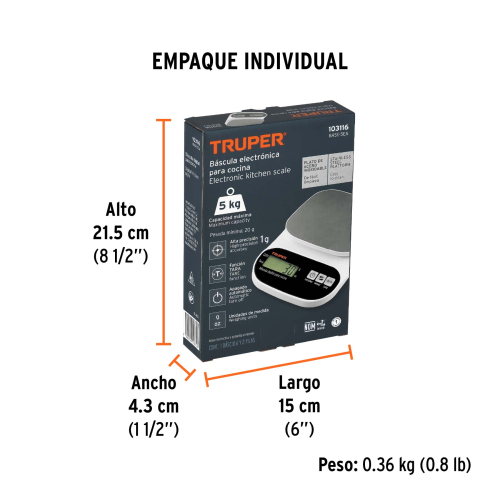 BÁSCULA DIGITAL PARA COCINA, PLATO DE ACERO INOX,5KG, TRUPER 103116