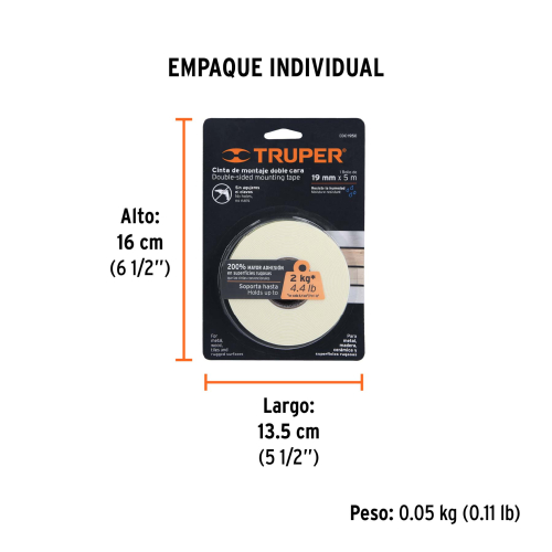 CINTA DOBLE CARA DE 19 MM X 5 M, TRUPER 11725
