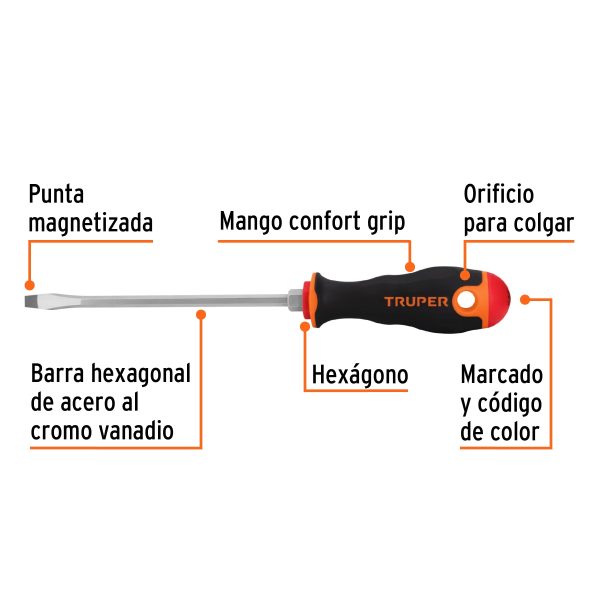 DESARMADOR PLANO 1/4" X 6" MANGO COMFORT GRIP, TRUPER 14000