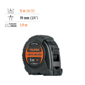 FCN-5M FLEXÓMETRO CINTA NEGRA, 5 M, CINTA 19 MM, TRUPER 102598