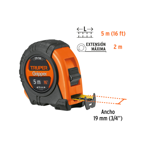 WINCHA GRIPPER CONTRA IMPACTOS 5 M CINTA 19 MM, TRUPER 14578