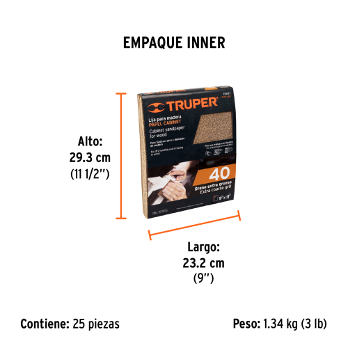 LIJA PARA MADERA PAPEL CABINET, GRANO 40, TRUPER 11607