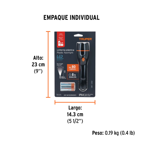 LINTERNA PLÁSTICA 1 LED 80 LM CON 2 PILAS AA, TRUPER 13018