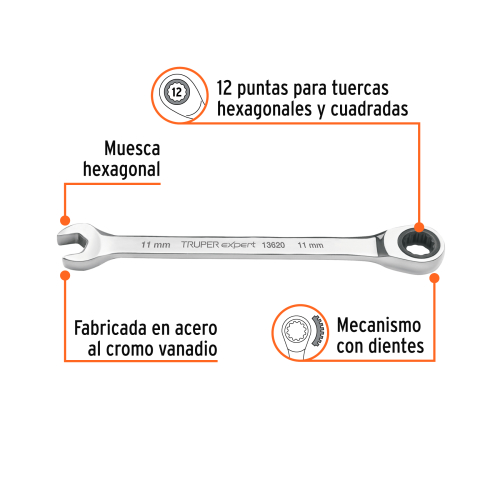LLAVE COMBINADA CON MATRACA 11MM X 160 MM LARGO, TRUPER EXPERT 13620