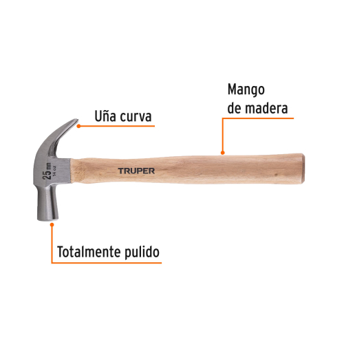 MARTILLO CABEZA CÓNICA 25 MM UÑA CURVA, MANGO MADERA, 13" 14 OZ TRUPER 10558