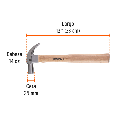 MARTILLO CABEZA CÓNICA 25 MM UÑA CURVA, MANGO MADERA, 13" 14 OZ TRUPER 10558