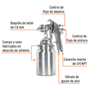 PISTOLA PARA PINTAR SUCCIÓN HVHP VASO ALUMINIO 1.8MM 3 VÁLVULAS SERIE 300 ALTO VOLUMEN / ALTA PRESIÓN 35 A 50 PSI TRUPER 14085
