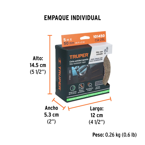 ROLLO DE 5 M CINTA ANTIDERRAPANTE FOTOLUMINI. 50 MM CON ABRASIVO TRUPER 101450