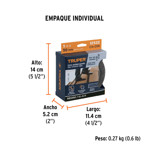 ROLLO DE 5 M DE CINTA ANTIDERRAPANTE NEGRA 50 MM CON ABRASIVO TRUPER 12532