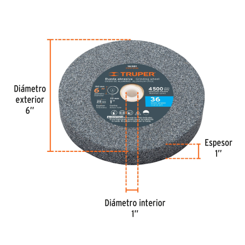 RUEDA ABRASIVA P/ESMERIL 6 X 1", ÓXIDO DE ALUMINIO, GRANO 36 TRUPER 16381
