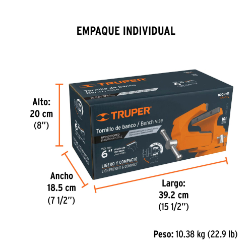 TORNILLO DE BANCO 6" TIPO EUROPEO DE HIERRO NODULAR, TRUPER 100241